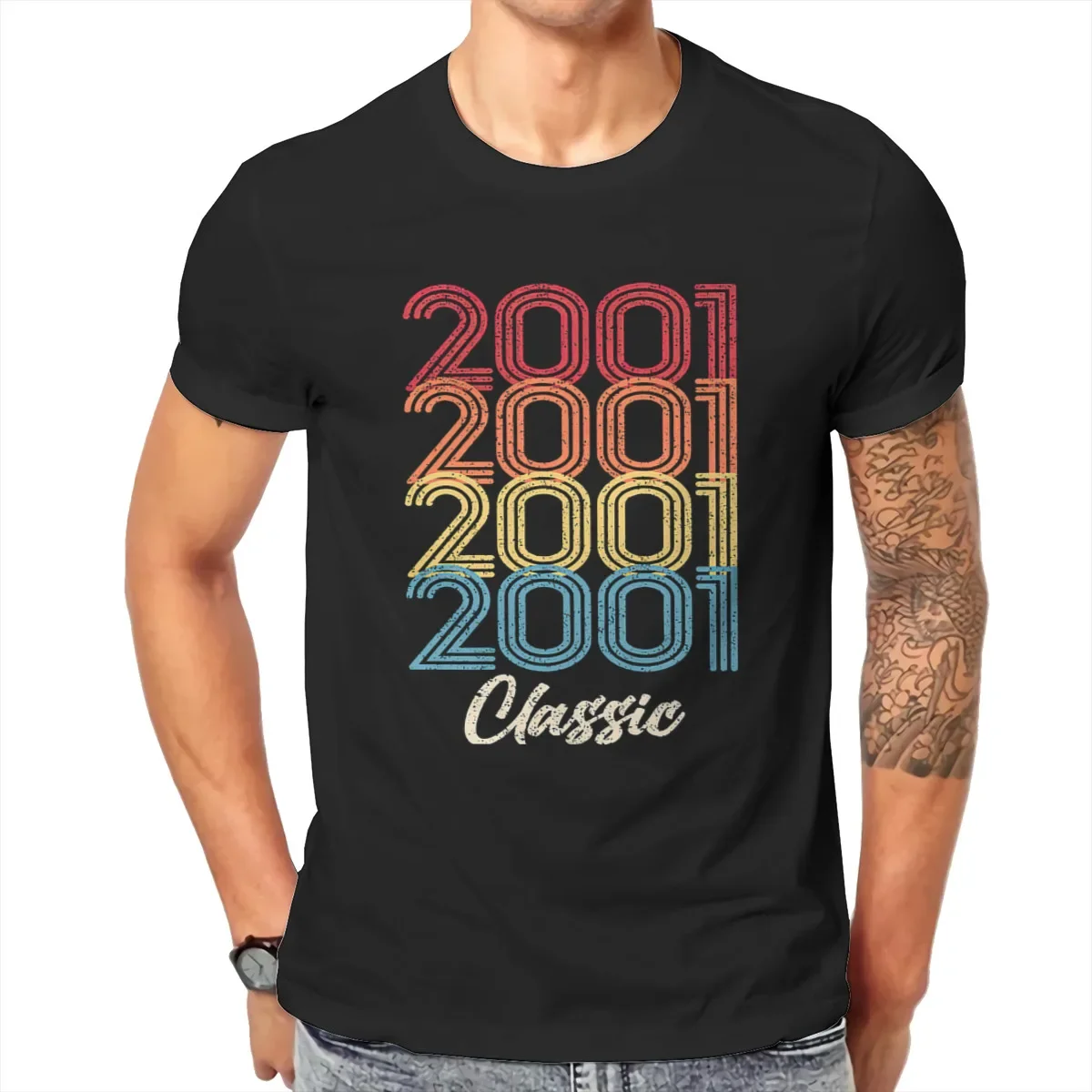 

Classic vintage 2001 digital graphic 3D T-shirt, men's casual fashion personality crew neck short sleeve streetwear top