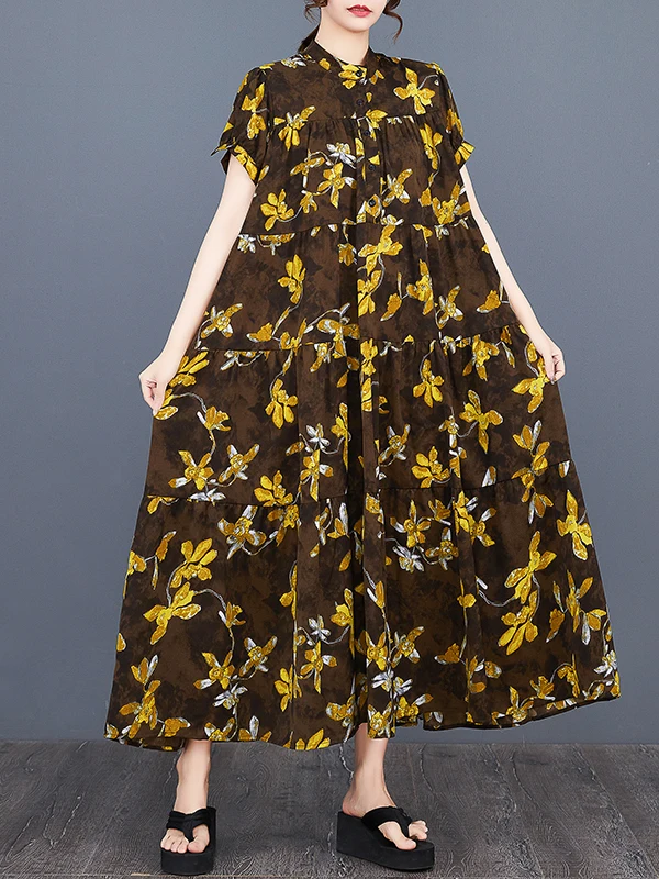 Vestido de Verão Novo com Estampa Rizada, Manga Curta, Saia em A, Gola Alta, Solto, Saia em Camadas, Barra Larga