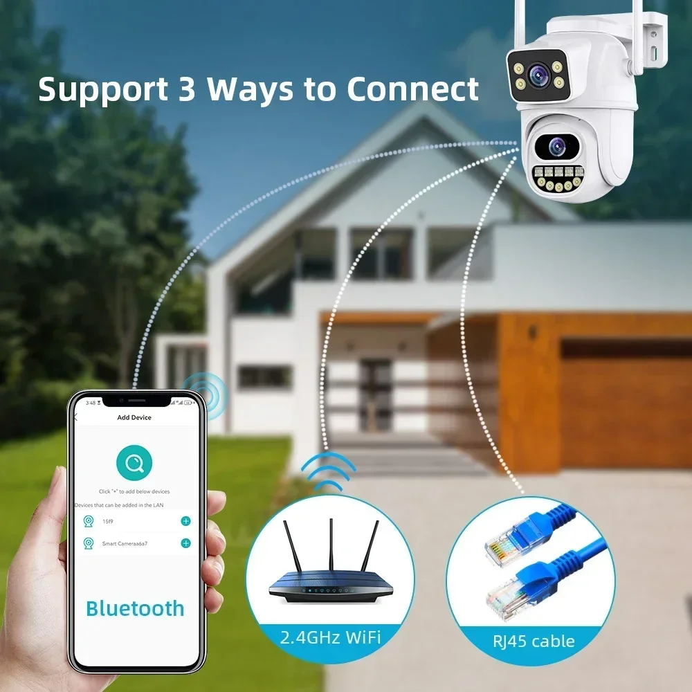 4K 8MP HD WiFi PTZ IP Camera Outdoor Dual Lens Dual Screen Auto Tracking IP Camera CCTV Audio Video Surveillance Camera iCSee