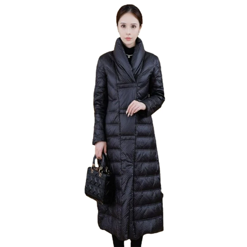 

2023 Winter New Korean Fashion Women's Down Coat Black Long Fit Thickened White Duck Down Women's Topcoat