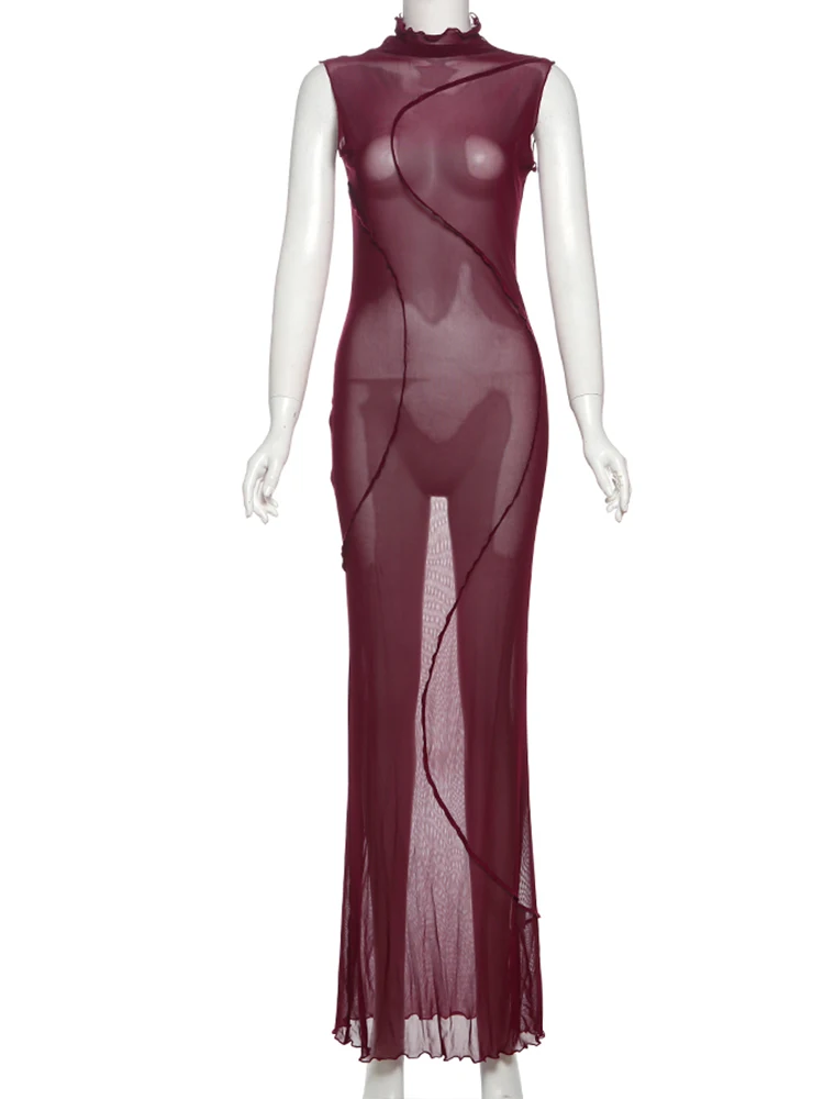 Nibber Sexy Maille Voir À Travers La Robe Femmes Lignes Patchwork Col Roulé Sans Manches Minuit Prom Parti Élégant Volants Longue Moulante