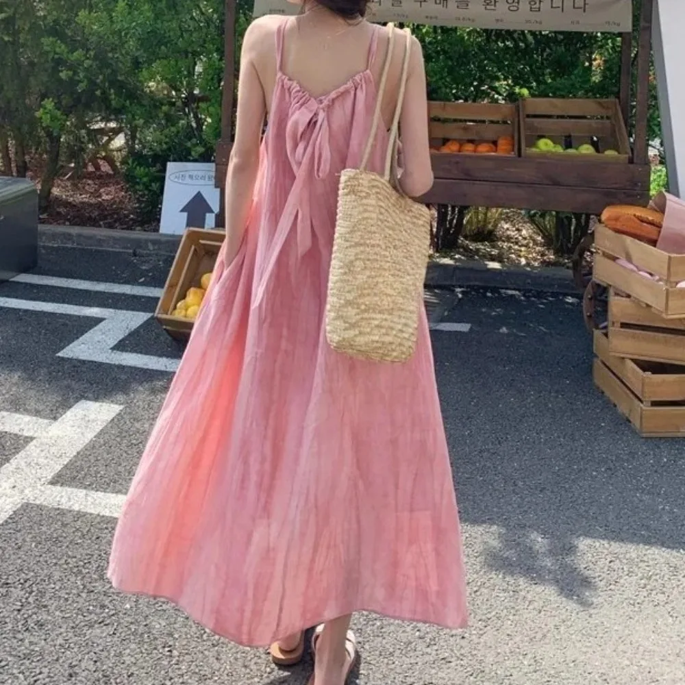 Doce rosa chiffon tanque vestido longo sem mangas verão nova chegada praia férias vestido roupas femininas enrugado bolso design