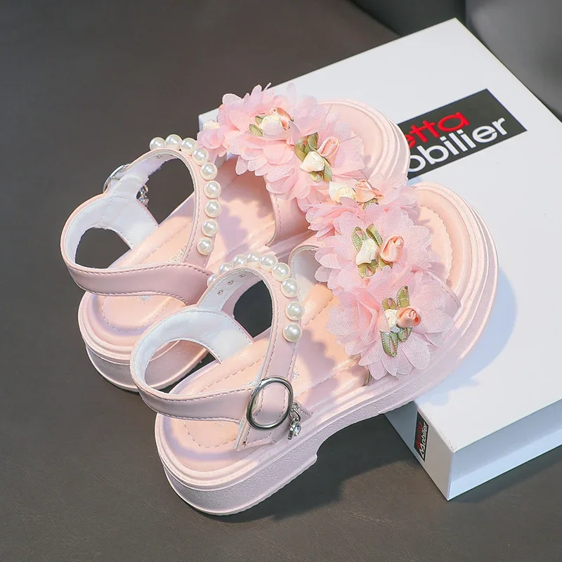 Girls Flowers Sandals Kids Sweet Princess Shoes for Party Wedding Kids Leather Sandals French Style Chic Summer Fashion 2024 New