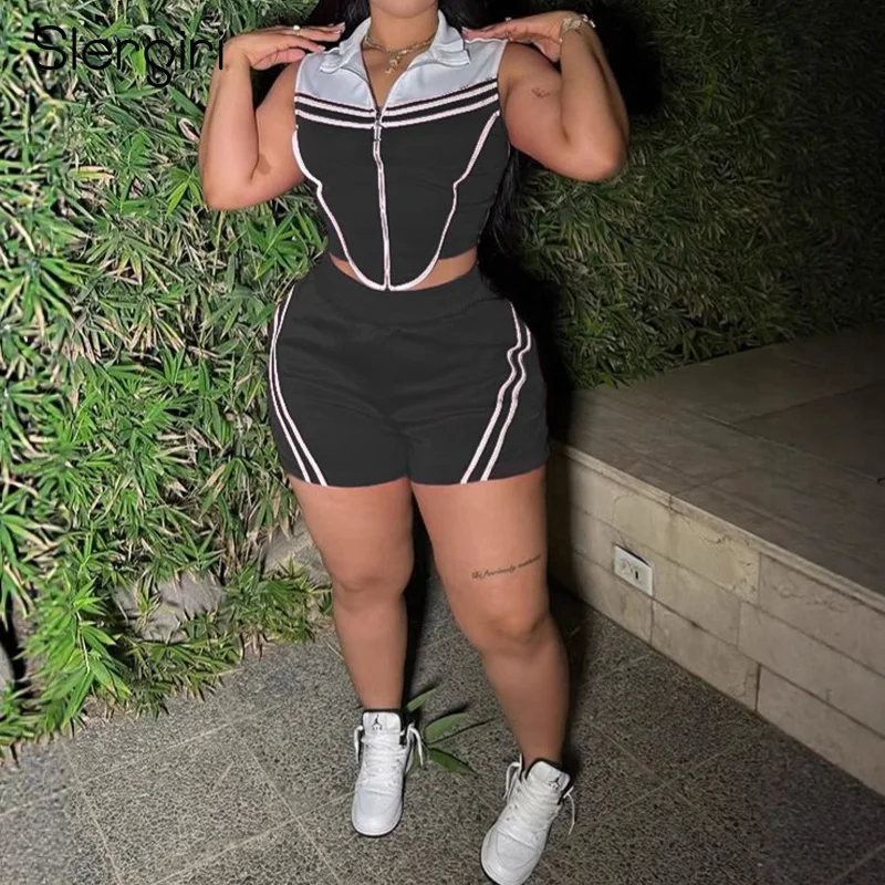 

Slergiri Women's Casual Stripe Sleeveless O-Ring Zipper Crop Top with Shorts Elastic Slim Sports Two Piece Set Summer Streetwear