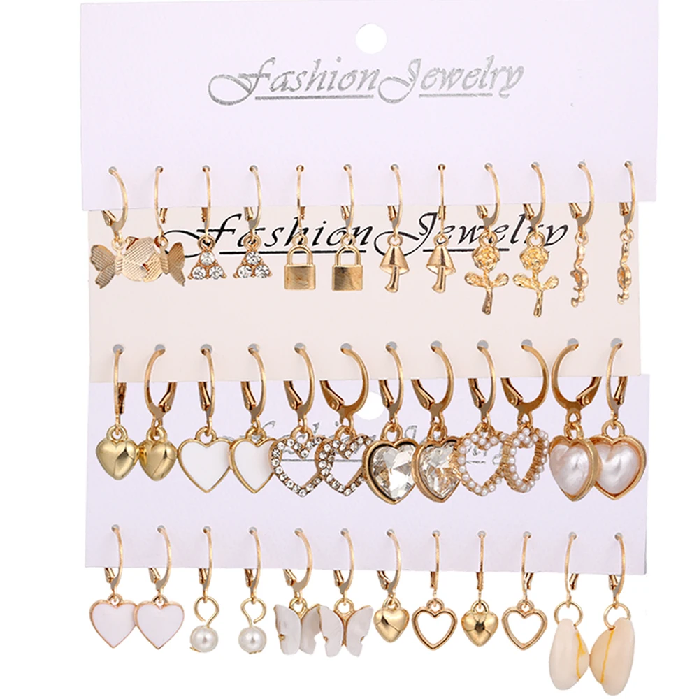 18 Pairs Of Lady Earrings Snake Butterfly Mushroom Lock Diamond-encrusted Zircon Pearl Love Earring Set