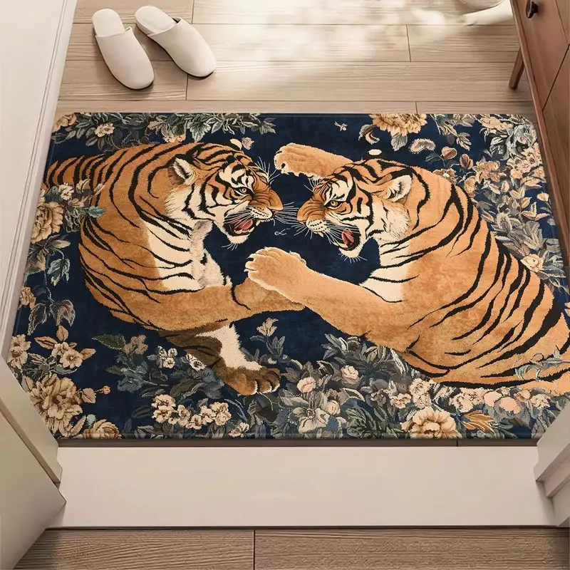 VIKAMA Vintage Floral Two Tigers Floor Mat Non Slip Welcome Rug Oriental Animal Print Indoor Home Decor