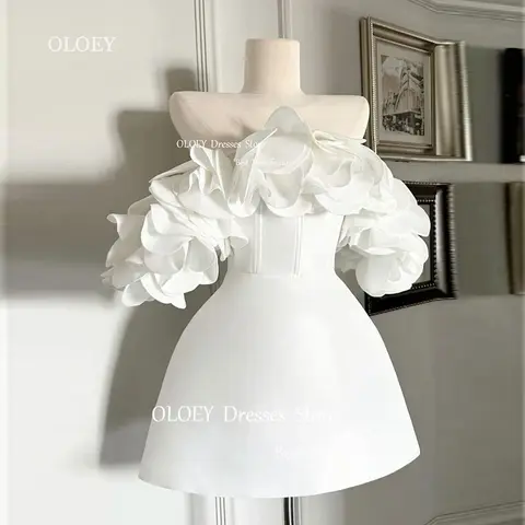 OLOEY 화이트 짧은 무도회 칵테일 드레스, 스트랩리스 오프 숄더, 여성 웨딩 드레스, 여름 해변 파티 원피스, 실키 새틴