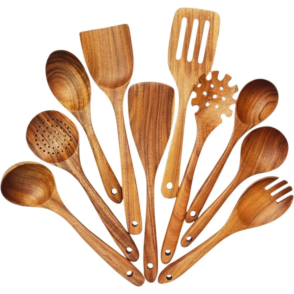 

10 Piece Teak Wood Utensil Set - Non-Toxic, Kitchen Cooking Spoons & Spas for Nonstick Cookware - Includes Pasta Spoon, Ladle &