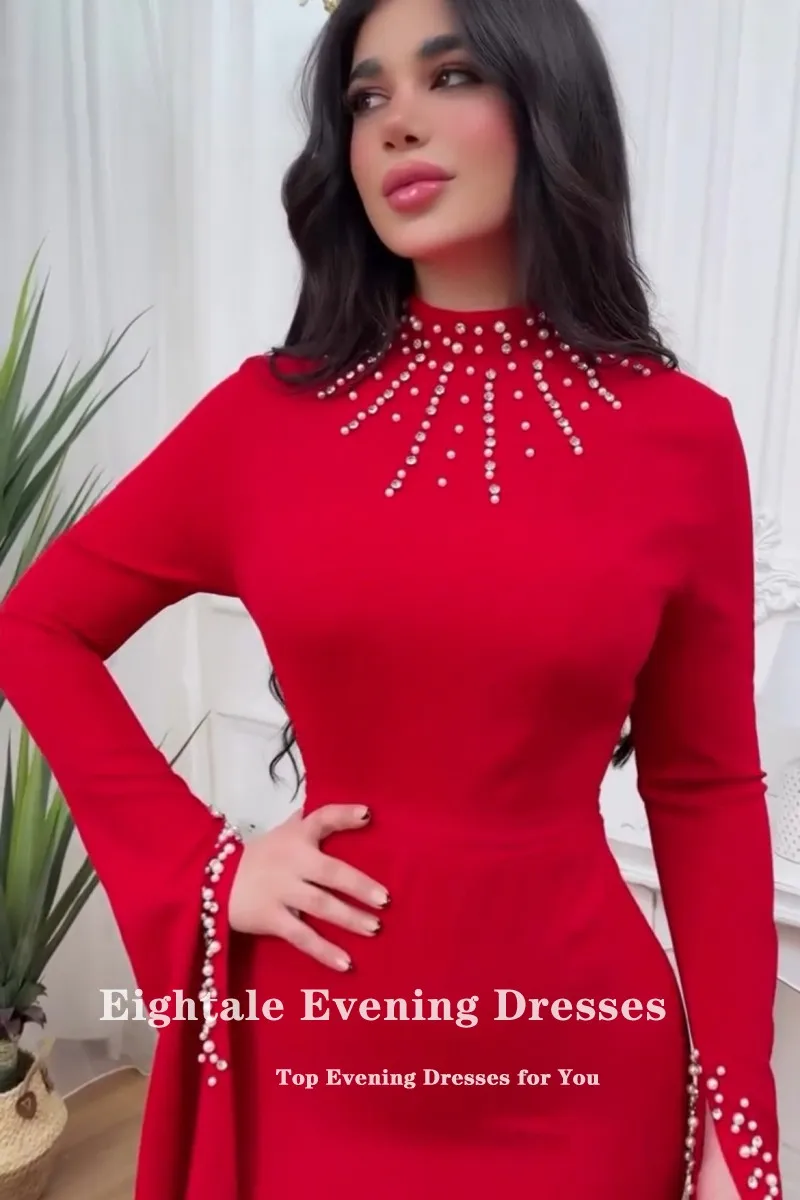 Eightale Arabische avondjurk hoge hals kralen lange mouwen aangepaste zeemeermin moslim bruiloft feestjurk vestido de noche