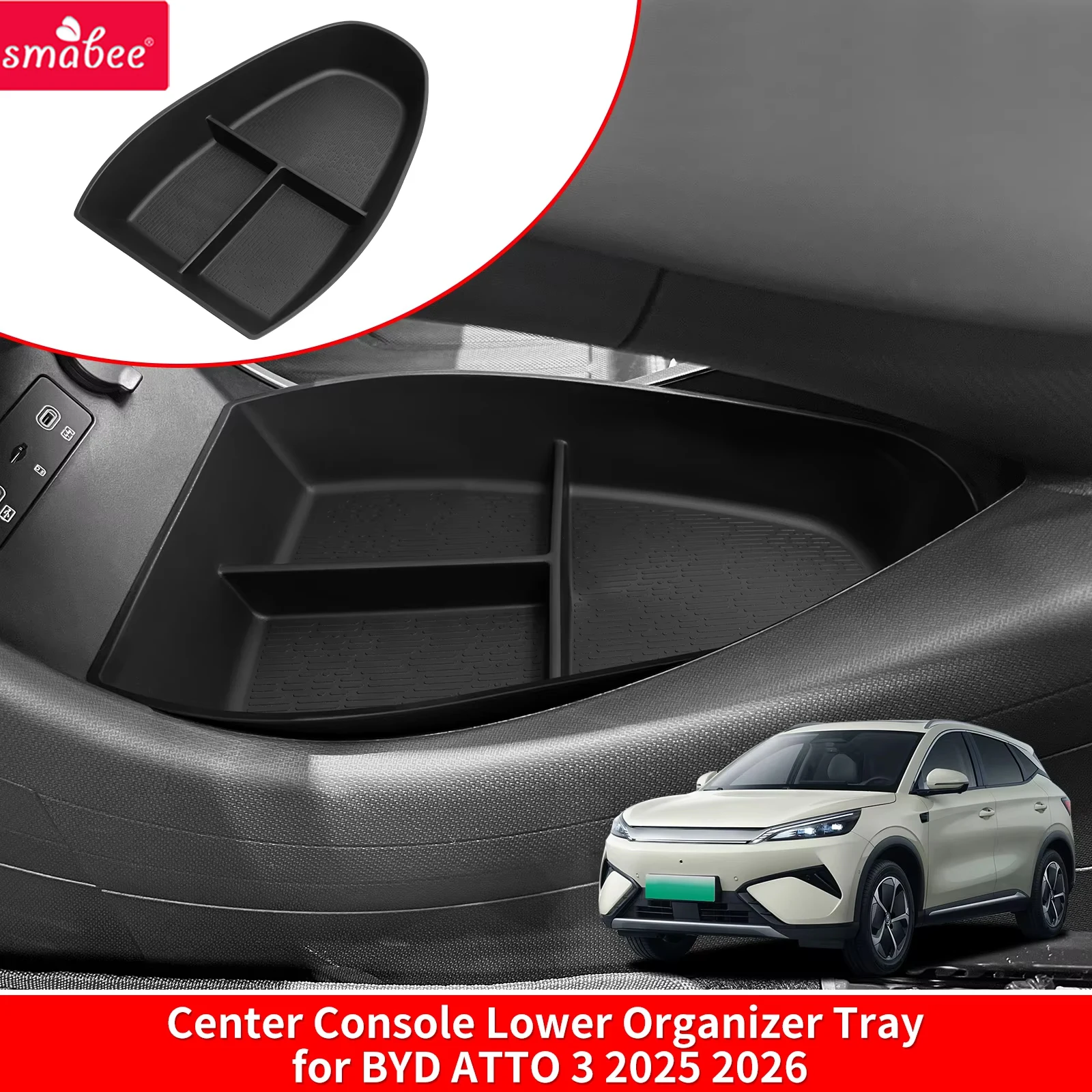 Smabee para BYD ATTO 3 EVO 2025 2026: Caixa Organizadora Inferior para Console Central, Acessório Interno para Carro, Bandeja Organizadora em TPE