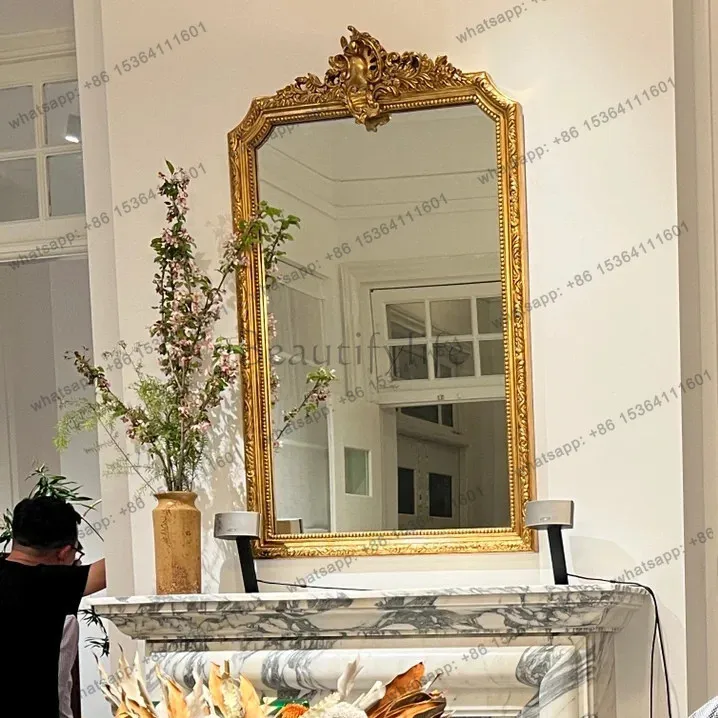 XX. French retro wall-mounted carved vanity mirror American porch corridor fireplace decorative mirror