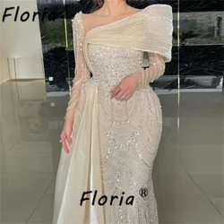 Luxury Arabic Fully Beaded Pearls Wedding Party Gowns Off Shoulder Champagne Side Train Formal Evening Prom Dress Custom Made