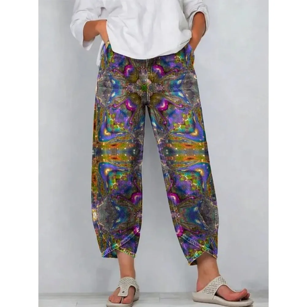 Kurze Harem-Capri-Hose mit abstraktem geometrischem Aufdruck für Damen, Baumwolle, lockere Passform, Tulpen-Wickelhose, knöchellange Freizeithose, XXS-4XL – Detail 9