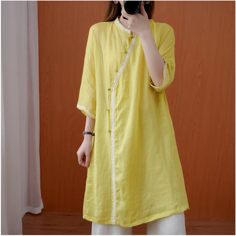

Faionable Large Size Women's Cotton Linen irt Summer Loose Retro Button Side S Mid-Length Tea Costume