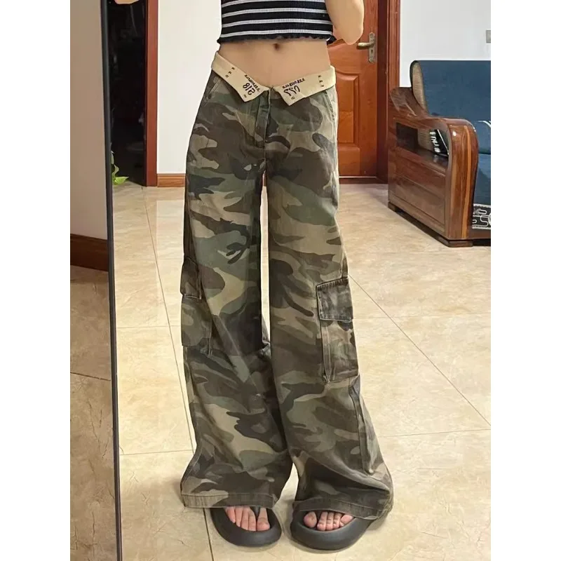 Calça feminina de cintura alta com tubo de camuflagem, cobrindo o Straddle Show, fina, solta, pernas largas, reta, roupa de trabalho, jeans, primavera, verão, nova