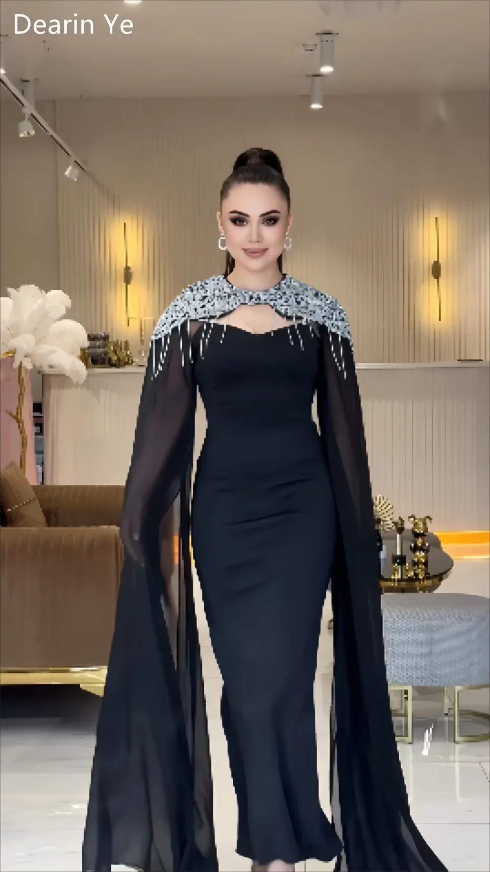 Personalizado arábia saudita vestido de baile formal noite dearin decote colher coluna tornozelo comprimento lantejoulas saias fita tu