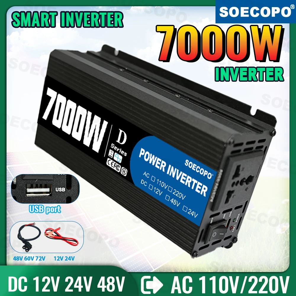 7000W Inverter 12V/24V/48V Battery to 220V/110V AC Support Solar Input & Sparkproof Clamps for Hurricane Preparedness Farm Use