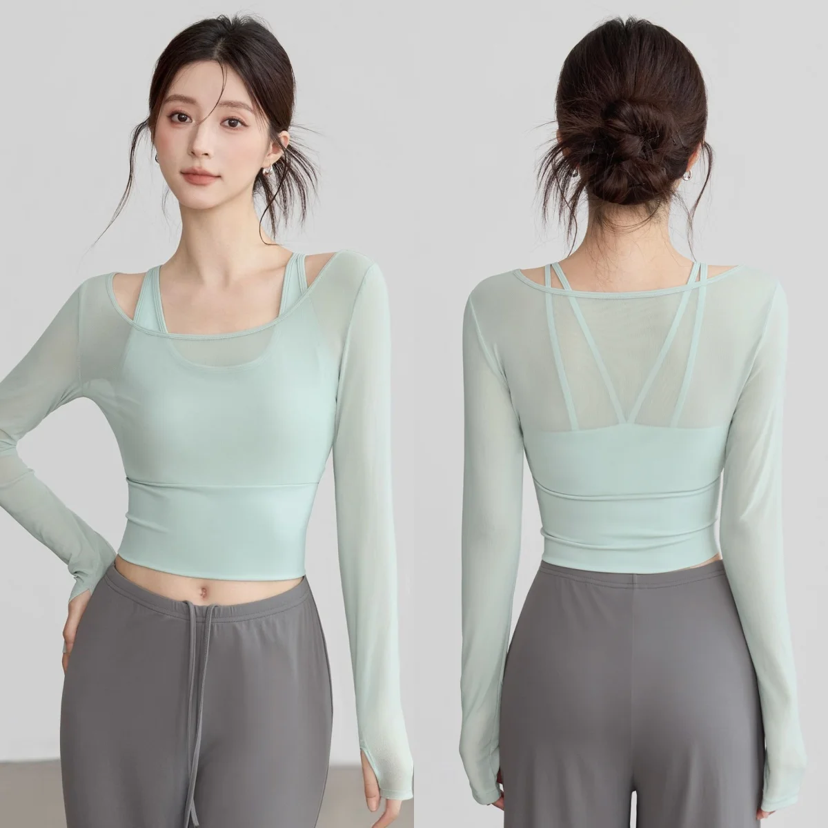 Women's Fake Two-Piece Workout Top, Mesh Long Sleeve Shirt with Built-in Bra, Tummy Control Fitness Wear