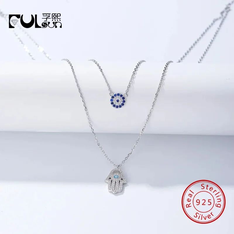 

925 Sterling Silver 14K Gold Plated Double Layer Hamsa Hand Evil Eye Pendant Necklace Women Pave CZ Protection Lucky Jewelry