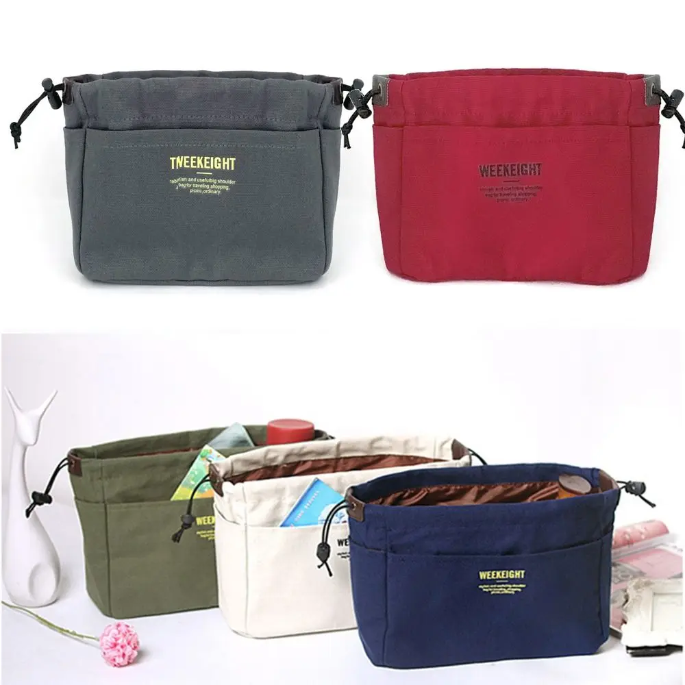 Canvas Sundry Storage Basket Sturdy Drawstring Purse Insert Organizer Bag Portable Adjustable Makeup Tote Pouch Girls