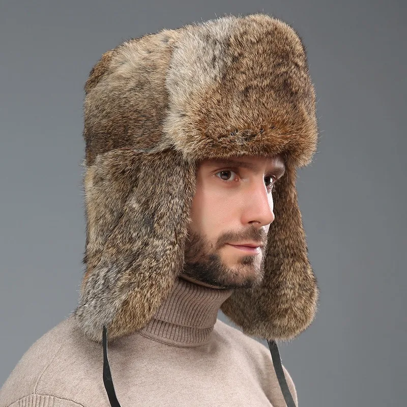 

Men's Caps Warm Natural Rabbit Fur Bomber Hat With Earflaps Winter Hot Sale Unisex Warm Russian Ushanka Hat Real Rabbit Fur Hats