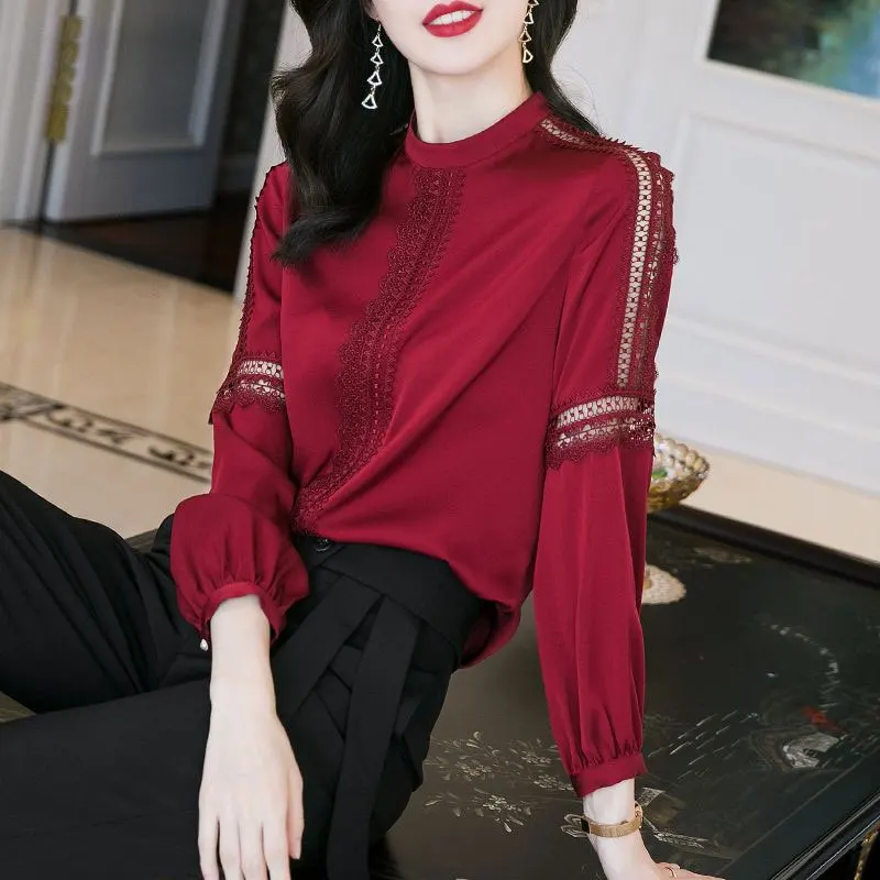 Office Lady Stylish Lace Spliced Hollow Out Shirt Vintage Solid Color 2023 Spring Autumn Long Sleeve Commute Stand Collar Blouse