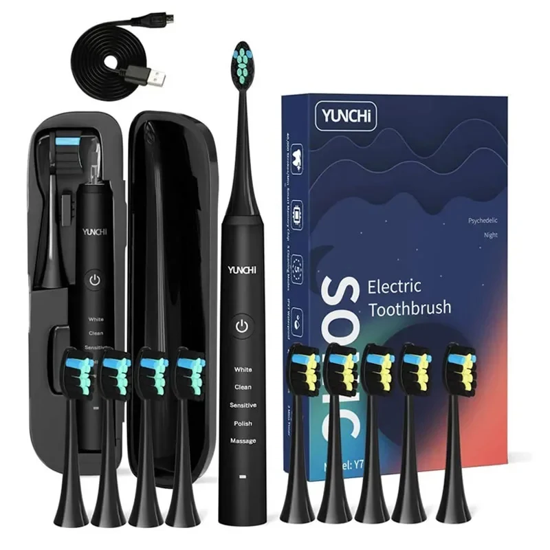 Cepillo de dientes eléctrico sónico recargable IPX7, resistente al agua, 5 modos, temporizador inteligente para limpieza diaria de adultos con cabezales de cepillo, caja de viaje