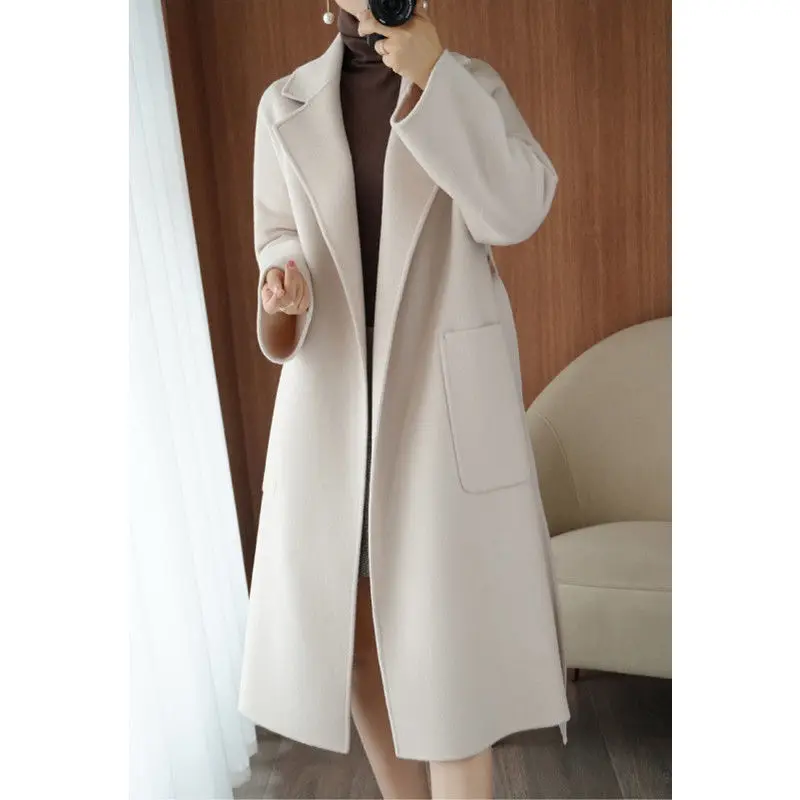 2024 New Premium Hepburn Style Overcoat Female Outerwear Elegant Woolen Solid Color Long Sleeve Trench Coat Warm Coats V12