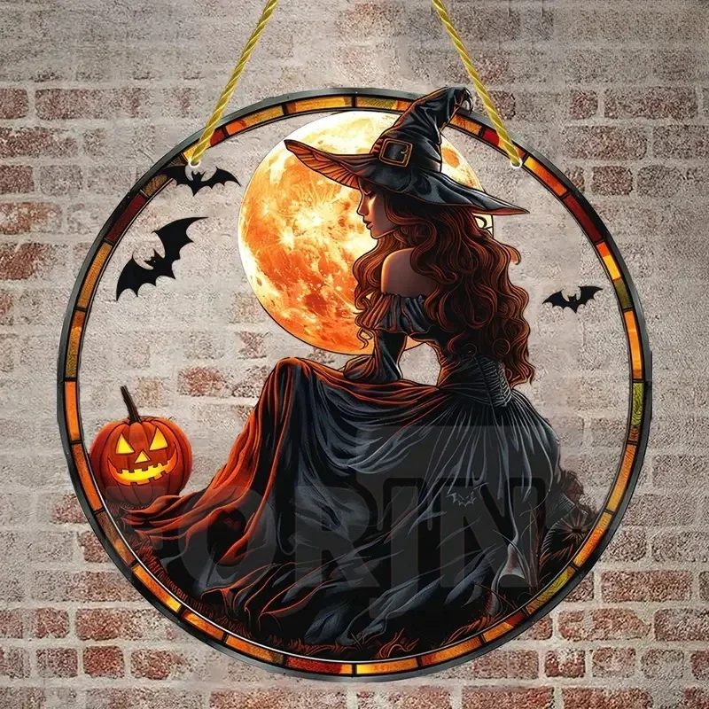 Magic Moonlit Witch & Broom Suncatcher,Christmas 2D Acrylic Round Translucent Hanging Sign,Halloween,Home,yard,Cafe,bar Decor