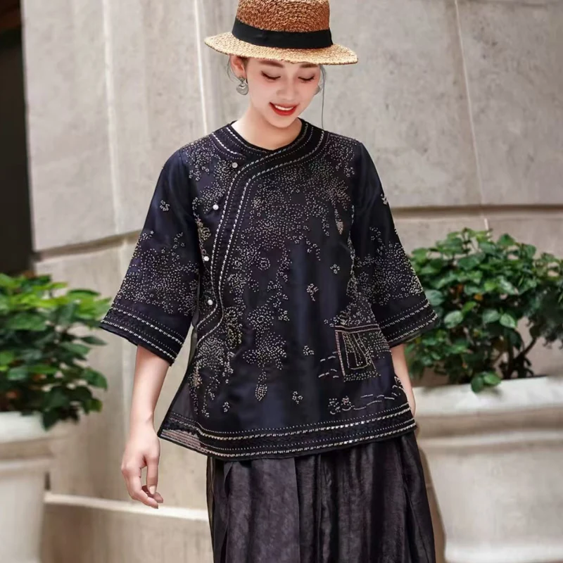 2026 Spring/Summer New Round Neck Chinese Button Silk Eugen Silk Organza Fabric Embroidered Elegant Women's Shirt S-XL