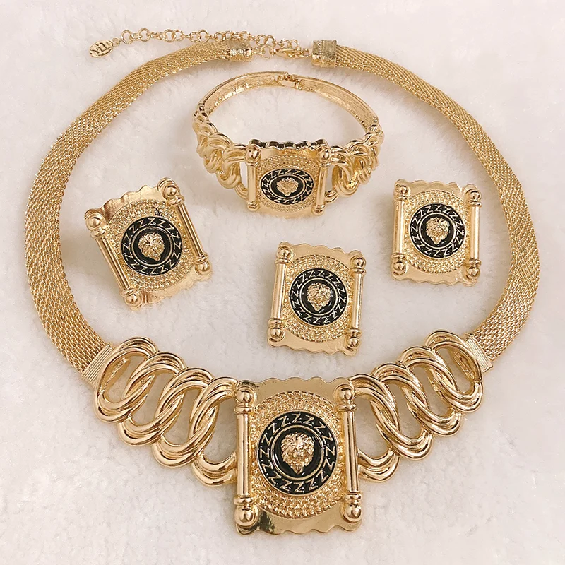 New In Dubai Golden Jewelry Set 24K Gold Plated Earrings and Rings for Women Wedding Bride Arabic Nigerian Jewellery Accessories