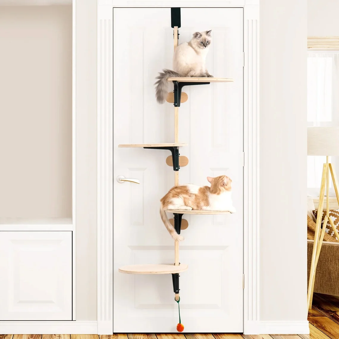 Wood Door Cat Tower Shelf Tree, Cat Climbing Steps With Wall Shelves