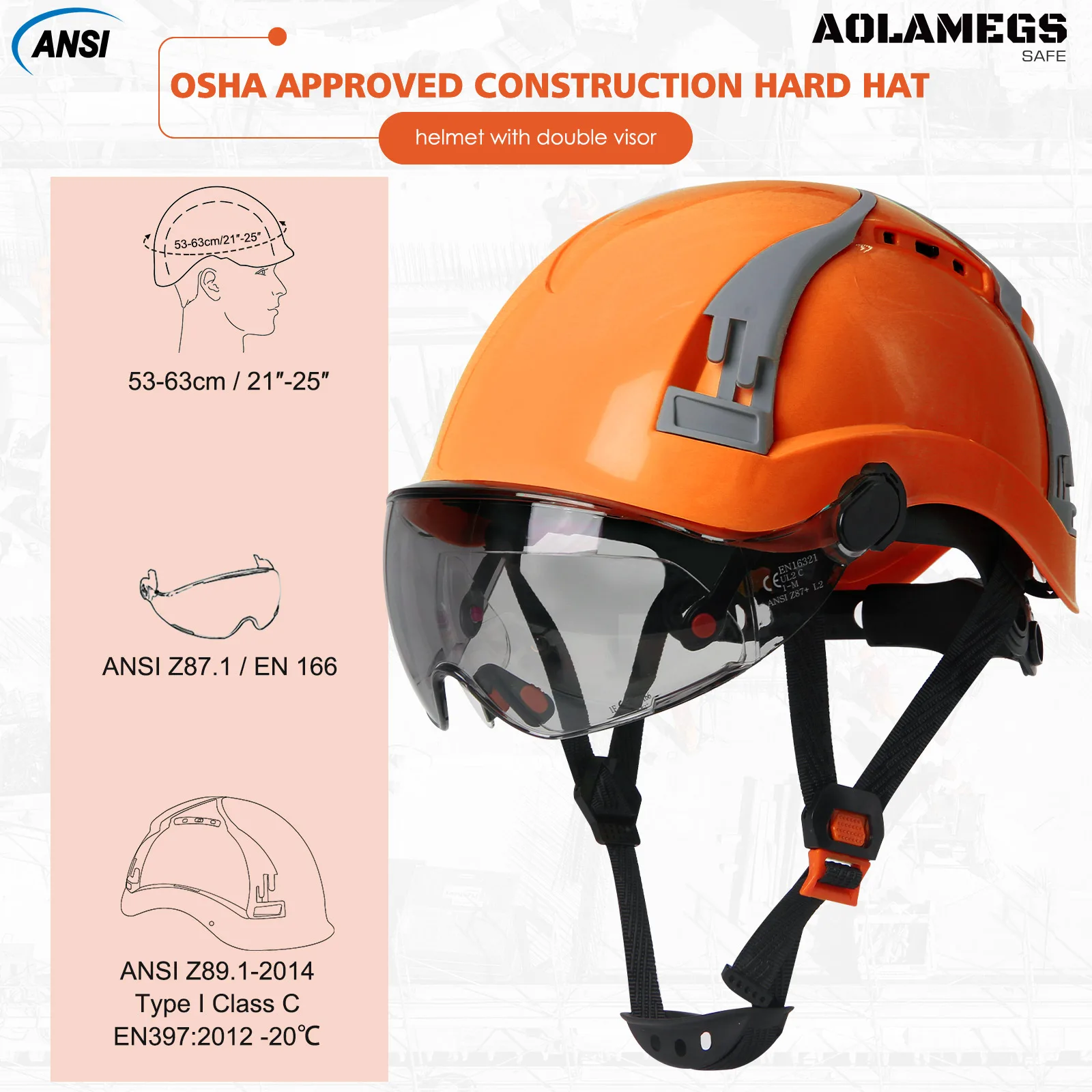 CE Safety Helmet w/ Double Goggles Adjustable Multiway Vent Slots ABS Construction Hard Hat Engineer Industrial Work Hat ANSI