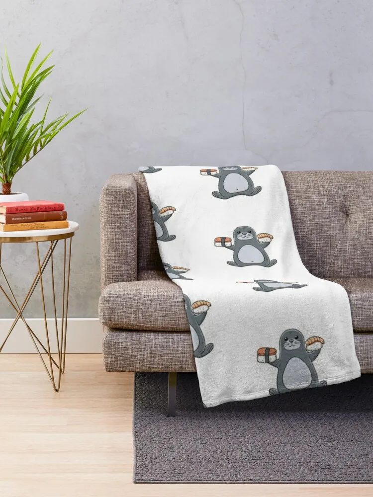 Illustration of cute seal with sushi nigiri and wasabi Throw Blanket Camping Designers Beautifuls Blankets