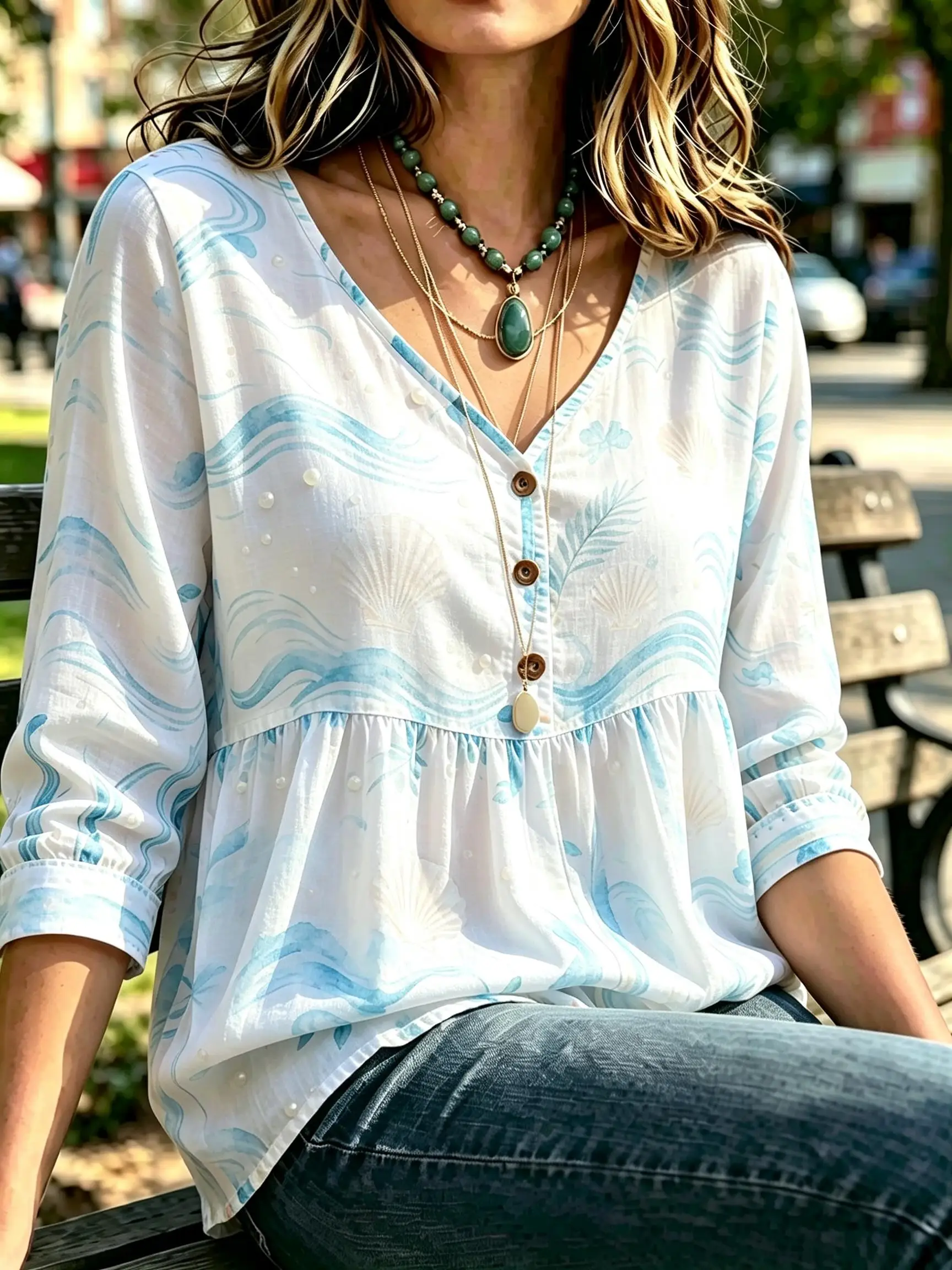 Women Loose Babydoll Tunic Top, Vintage Nautical Anchor & Rudder Print, V Neck Half Button 3/4 Sleeve Casual Daily Blouse