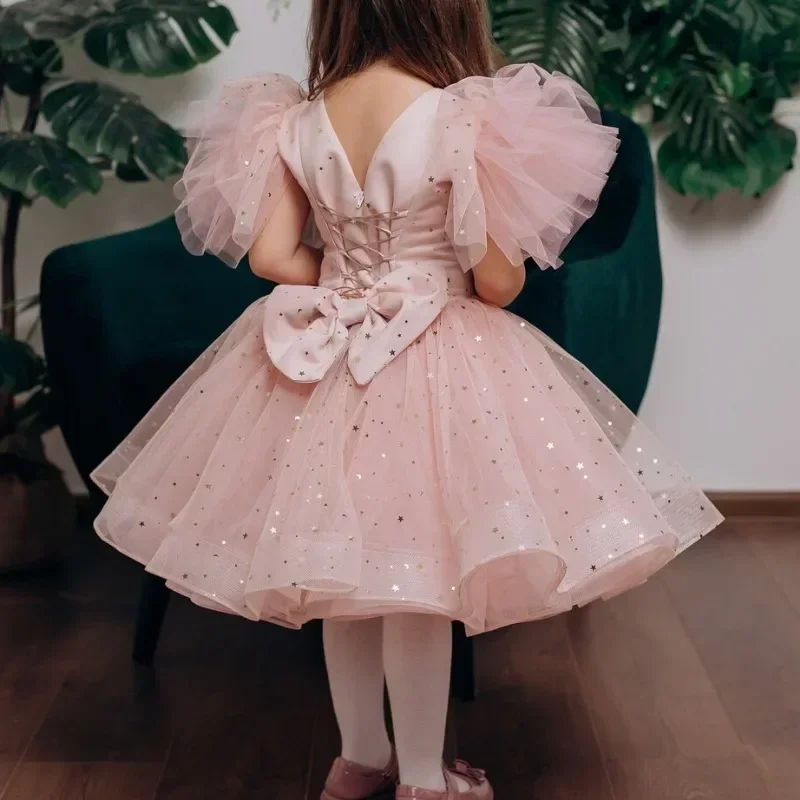 Gwiazda cekinowa sukienka dla dziewczynki z kwiatami wokół szyi V powrót sznurowana księżniczka dziewczynka urodziny pierwsza komunia suknia ślubna