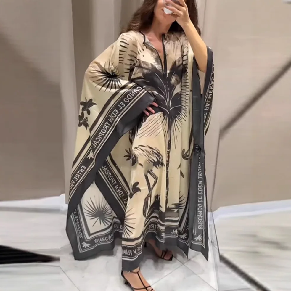

Elegant Printed Long Pleated Dress Women Autumn New Loose Round Neck Button Party Dresses 2025 Summer Lady Beach Vacation Robes