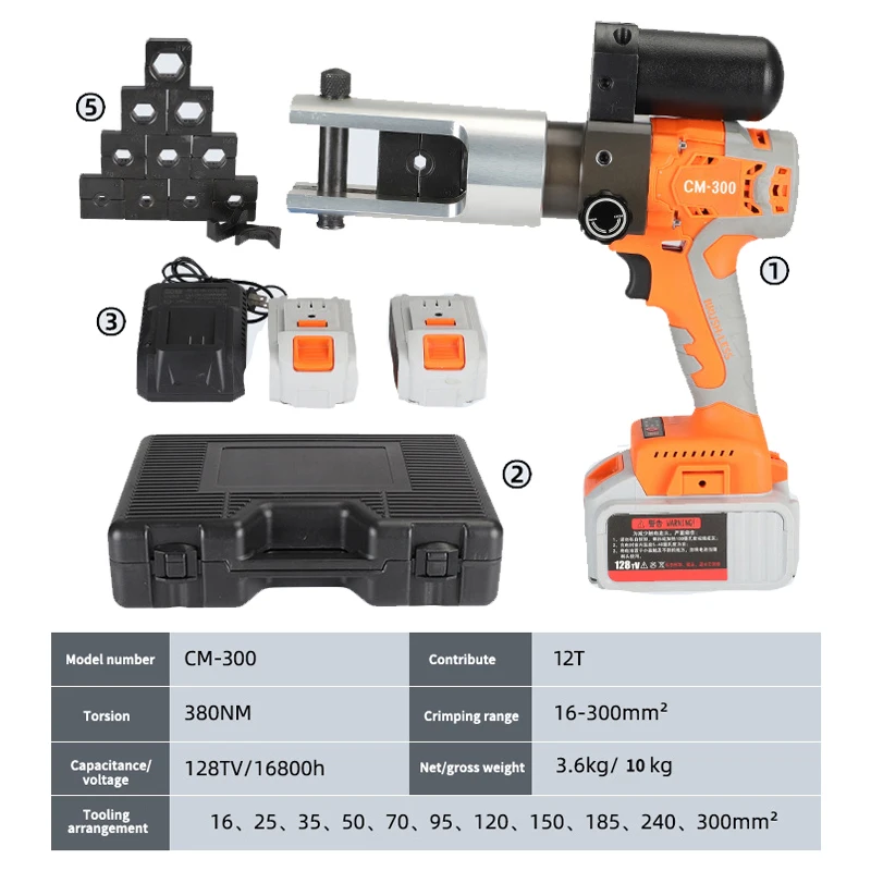 CM-300 Rechargeable Hydraulic Pliers Electric Crimping Tools 12T Portable Lithium Copper Aluminum Terminal Crimp Clamp 18V/4.0Ah