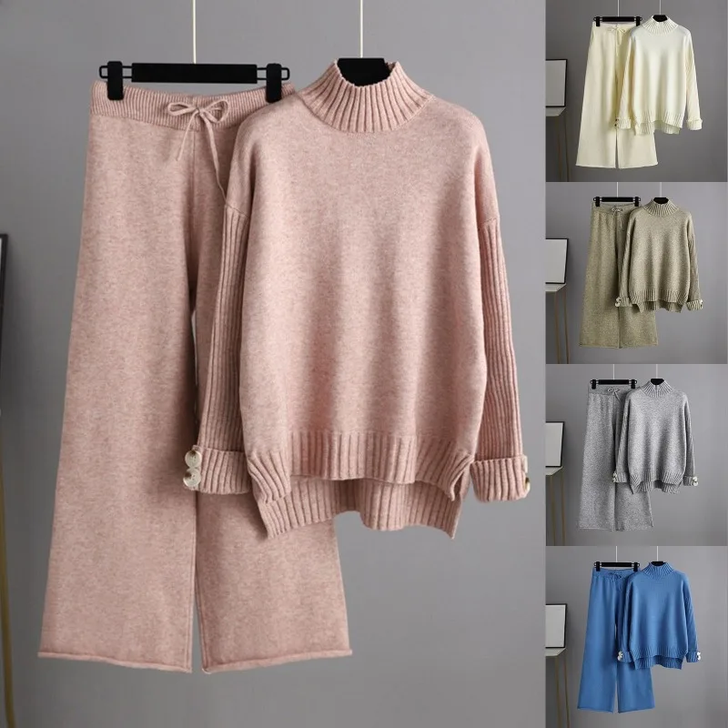 

Fall Winter Knit 2 Pieces Sets Women Turtleneck Thick Loose Knitwears Sweater Tops Conjuntos High Waist Wide Leg Pants Outfit