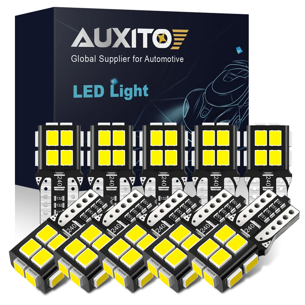 10Pcs AUXITO T10 Canbus LED Lights W5W 168 LED Bulbs No Error 2835 SMD 6000K White Car Interior Lighting Automotive Dome Lamp