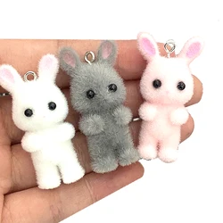 6 sztuk królik wisiorek Kawaii 3D puszyste uciekające zwierzę królik Charms hurtownia brelok naszyjnik wisiorek DIY rzemiosło biżuteria Make