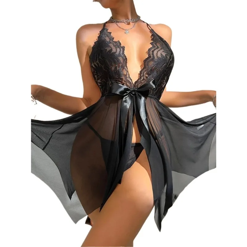 

Sexy Lace Suspender Short Skirt Perspective Bow Sexy Underwear Set Women's Pajamas Dress Sexy Lingerie Nightgown Night Dress