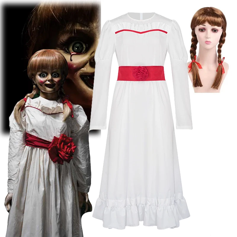 

Кукла-призрак Аннабель, платье, костюм для косплея, женское белое платье невесты-призрак, парик, кукла для заключения, косплей, страшные наряды на Хэллоуин
