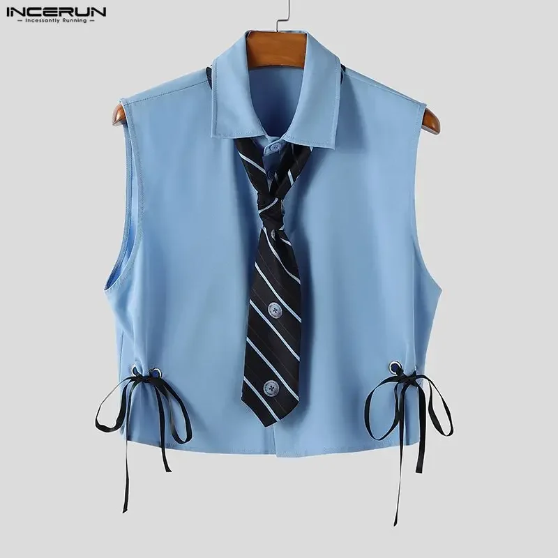 INCERUN Men Shirt Patchwork Lapel Sleeveless Lace Up Men Clothing With Tie Loose Streetwear Fashion Casual Crop Tops Men Camisas