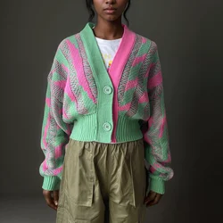 Women Color Block Green Crop Cardigan High Street Long Sleeve Knit Top Sweater Autumn Winter Korean Dongdaemun Fashion Trends