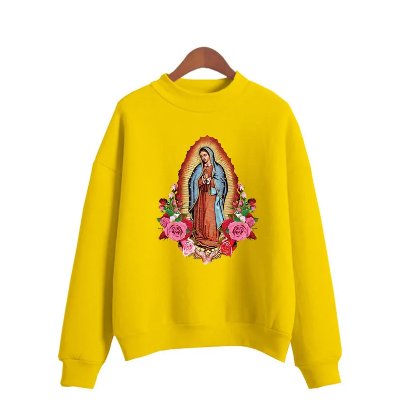 Virgin Mary Of Guadalupe พิมพ์เสื้อกันหนาวผู้หญิงเกาหลีหวาน O-Neck ถักเสื้อกันหนาวหนาฤดูใบไม้ร่วงลูกอมสีเสื้อผ้าผู้หญิง