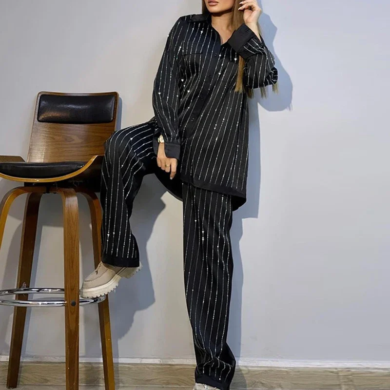 

2024 Autumn Striped Printed Shirt Women Two-piece Set Fashion Lapel Shirt and Pants Set High Street Ladies Loose Long Pants Set
