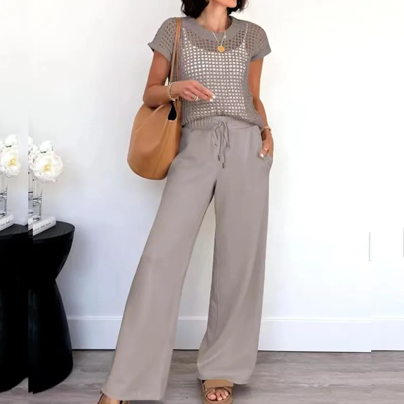 Ladies O Neck Hollow Top and Pants Suit Summer Vacation Solid Color Loose Outfit Casual Short Sleeved Pocket Straight 2pc Sets