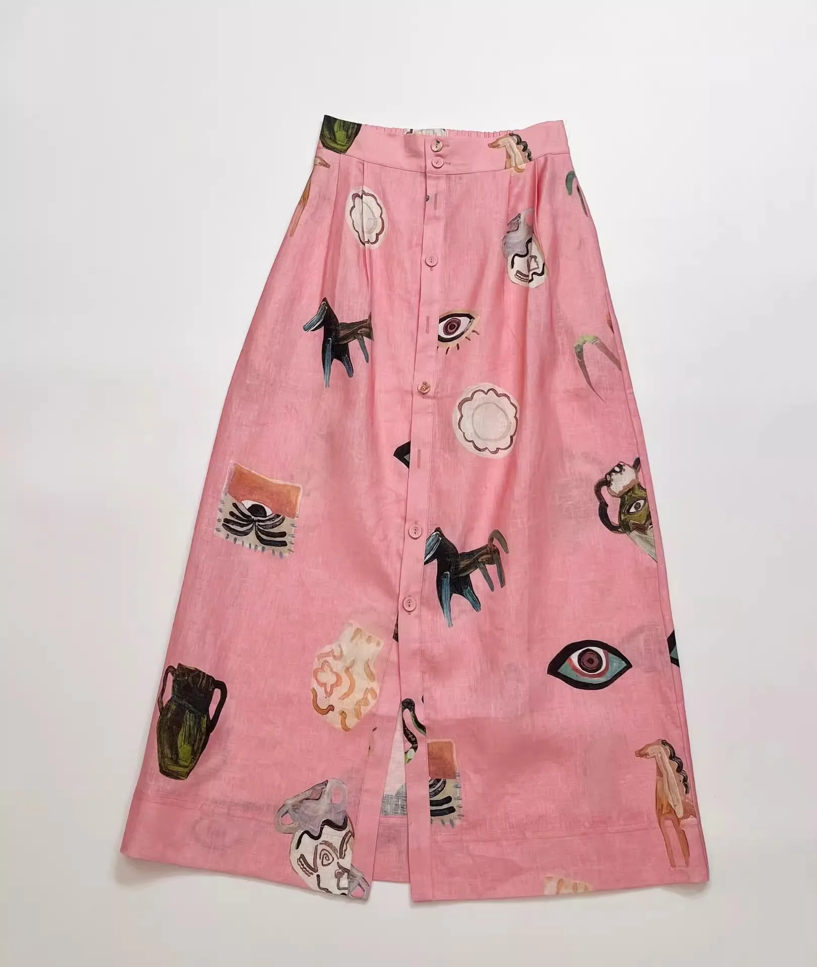 Summer 2023 Women's Linen Print  Skirt Front Button Design Holiday Fun Print Reduce Ageing Street Style Half Body Skirt