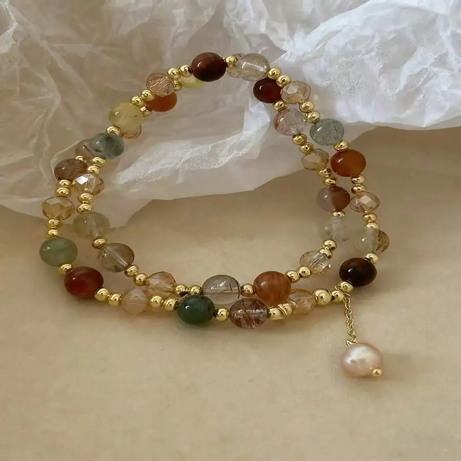 1 pulsera vintage de doble capa con cuentas de cristal y perlas, adecuada para el uso diario de las mujeres (color de perla aleatorio)